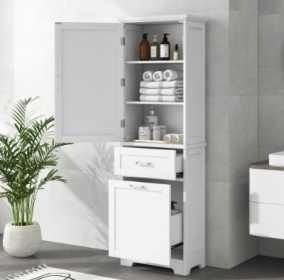 Tall Bathroom Storage Cabinet with Two Drawers - Freestanding Grey Organizer, Painted MDF (Color: White)