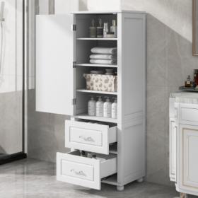 Tall Bathroom Storage Cabinet with Two Drawers- Free Standing  Grey Organizer, Painted MDF (Color: White)