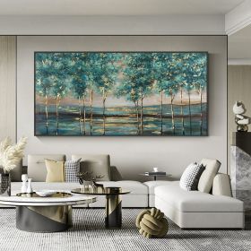 Hand Painted Oil Painting Green Forest Painting on Canvas Abstract Gold Foil Oil Painting Trees Landscape Nature Textured Acrylic Painting Large Wall (style: 01, size: 50x100cm)