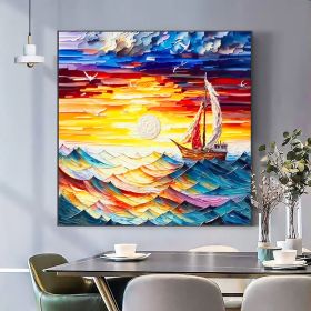 Handmade Oil Painting Original Nautical Oil Painting On Canvas Large Wall Art Abstract Colorful Sailboat Painting Sunset Ocean Painting Living Room Wa (style: 01, size: 60x60cm)