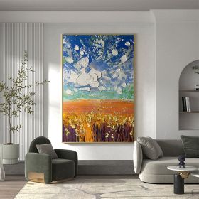 Hand Painted Oil Painting Original Nature Landscape Oil Painting On Canvas Textured Wall Art Abstract Sky Cloud Art Wheat Field Painting Living room H (style: 01, size: 90X120cm)