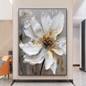 Large Original Gold Flower Oil Painting On Canvas White Flower Wall Decor Gray Flower Canvas Art Luxury Modern Handmade Floral Wall Decor (style: 01, size: 90x130cm)
