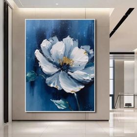 Blue Original Flower Oil Painting On Canvas Large Blue Wall Art Abstract Floral Painting 3D Blue Flower Textured Wall Art Living Room Decor (style: 01, size: 90x130cm)