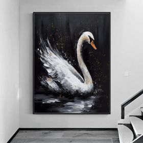 Abstract Original Black Swan Oil Painting on Canvas Swan Wall Art Decor Swan on Water Original Bird Art Swan 3D Artwork Nature Wall Decor (style: 01, size: 90x130cm)