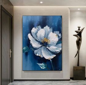 Blue Original Flower Oil Painting On Canvas Large Blue Wall Art Abstract Floral Painting 3D Blue Flower Textured Wall Art Living Room Decor (style: 01, size: 50X70cm)