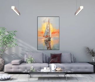 Abstract Sailboats 100% Handmade Sunset Seascape Boat Painting Textured Painting Acrylic Oil Painting Wall Decor Living Room Sea Art (style: 01, size: 60X90cm)