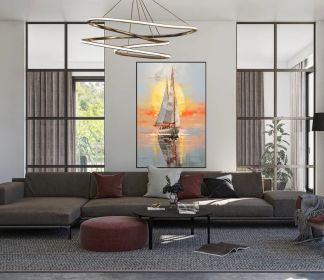 Abstract Sailboats 100% Handmade Sunset Seascape Boat Painting Textured Painting Acrylic Oil Painting Wall Decor Living Room Sea Art (style: 01, size: 80x120cm)