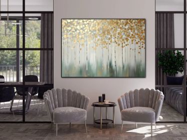 Golden Trees 100% Handmade Gold Leaf Textured Painting Acrylic Oil Painting Golden Tree Leaves Office Wall Art Abstract Forest (style: 01, size: 90x130cm)