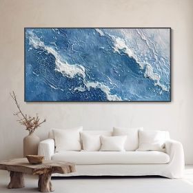 Hand Painted Original Blue Sea White Wave Oil Painting Hand Modern Abstract Texture Art Minimalist Seascape Customizable Living Room Wall Decor Home G (style: 01, size: 70x140cm)