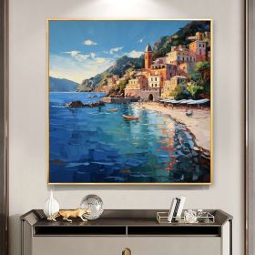 Hand Painted Original Mediterranean Oil Painting On Canvas Large Wall Art Abstract Coastal Cityscape Art Seascape Painting Blue Ocean Decor Home Decor (style: 01, size: 80x80cm)