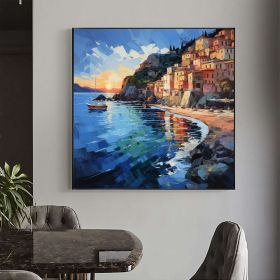 Hand Painted Abstract Mediterranean Oil Painting On Canvas Large Wall Art Original Coastal City Landscape Art Custom Blue Ocean Decor Living Room Art (style: 01, size: 100x100cm)