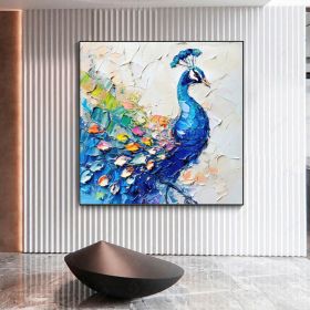 Hand Painted Peacock Oil Painting Bird Original Art Rustic Animals Impasto Artwork Textured Wall Art Decor For Home Spring Gifts Colorful Painting Wal (style: 01, size: 50x50cm)