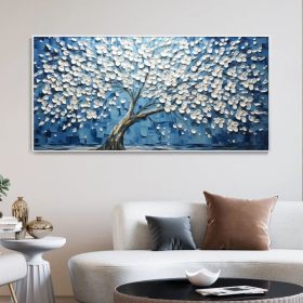 Handmade Oil Painting Tree On Canvas Original Abstract Tree Of Life Wall Art White Flower Nature Home Decor Gift For Friend Palette Knife Painting (style: 01, size: 70x140cm)