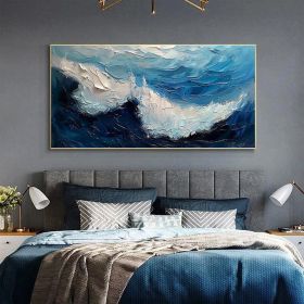 Original Blue Ocean Painting on Canvas Large Abstract Textured Sea Waves Seascape Wall Art Fashion Living Room Home Decor Personalized Gift (style: 01, size: 80x160cm)