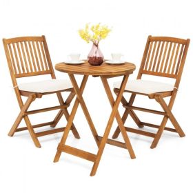 3-Piece Folding Acacia Wood Patio Bistro Set (Color: White)