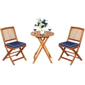 3-Piece Folding Acacia Wood Patio Bistro Set (Color: Navy)