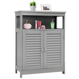 Home Bathroom Storage Cabinet Wood Floor Cabinet W/ Double Shutter Door (Color: Grey, Type: Storage Cabinet)