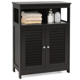 Home Bathroom Storage Cabinet Wood Floor Cabinet W/ Double Shutter Door (Color: Black, Type: Storage Cabinet)