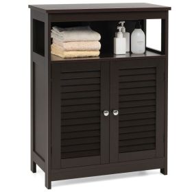 Home Bathroom Storage Cabinet Wood Floor Cabinet W/ Double Shutter Door (Color: Coffee, Type: Storage Cabinet)