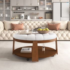 Modern Large Round Ottoman Coffee Table 2-Tier Oversized Button Tufted Ottoman with Wood Shelf Storage Upholstered Coffee Table for Living Room Footre (Color: as Pic)