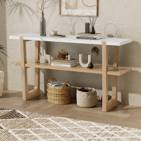 Retro Elegant Console Table with Marble-Effect Top and Versatile Storage Solutions for Entryway and Living Room (Color: Natural, Material: Solid Wood+MDF)