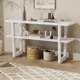 Retro Elegant Console Table with Marble-Effect Top and Versatile Storage Solutions for Entryway and Living Room (Color: Antique White, Material: Solid Wood+MDF)