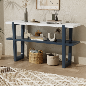 Retro Elegant Console Table with Marble-Effect Top and Versatile Storage Solutions for Entryway and Living Room (Color: Navy, Material: Solid Wood+MDF)