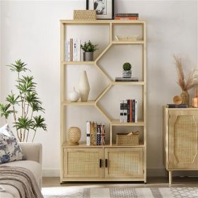 Rattan bookshelf 7 tiers Bookcases Storage Rack with cabinet for Living Room Home Office, Natural, 39.4'' W x 13.8'' D x 75.6'' H. (Color: as picture)