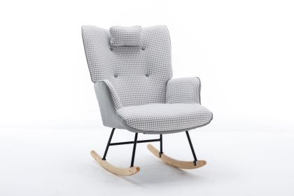 35.5" Nursery Rocking Chair-Pink Cotton Glider with Houndstooth pattern (Material: Cotton Linen, Color: Light grey)
