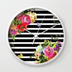 Stripes Floral Wall clock (Color: Black)