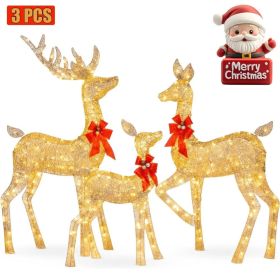 5ft 3-Piece Lighted Christmas Deer Family Set, Large Outdoor Yard Reindeer Holiday Decoration,Lighted Deer Set for Indoor Decor (Main Color: Golden, Main Material: Iron)
