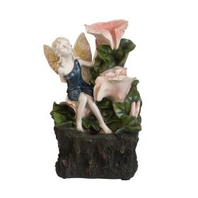 8.9x4.7x13.4" Decorative 3 Tier Tabletop Water Fountain with Fairy and LED Light, Angel Girl with Pink Flower Design, for Indoor Tabletop and Outdoor (Color: as Pic)