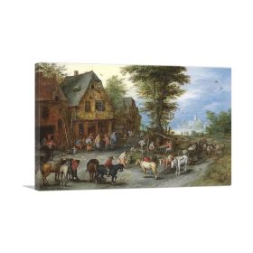 Village Landscape With Horses Carts Figures Before Cottages (Type: Standard Framed Canvas Print, size: 16" x 12" / 42cm x 30cm (approx))